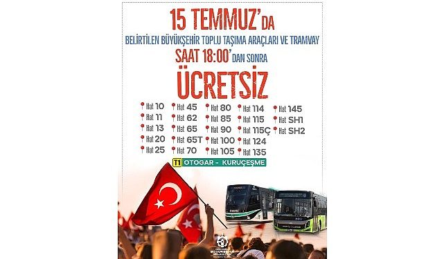 Kocaeli Büyükşehir’den 15 Temmuz’da fiyatsız ulaşım hizmeti