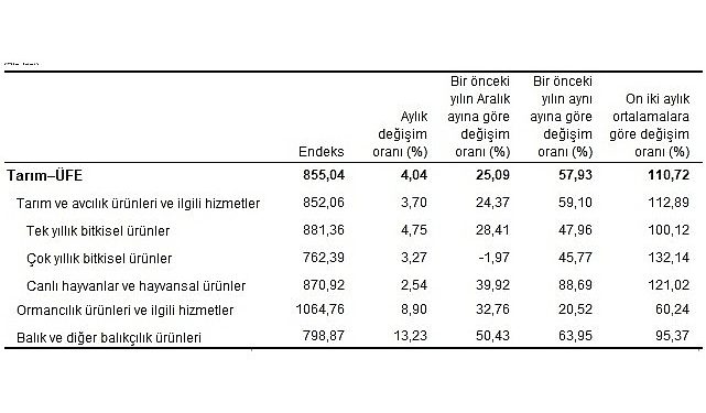 Tarım eserleri üretici fiyat endeksi (Tarım-ÜFE) yıllık yüzde 57,93, aylık yüzde 4,04 arttı