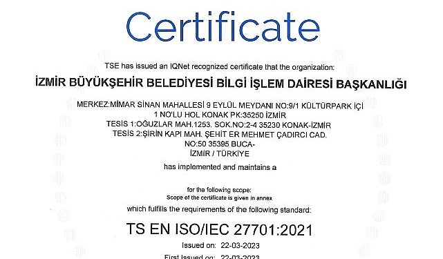 İzmir Büyükşehir Belediyesi ISO 27701 standardına sahip birinci “Büyükşehir” oldu