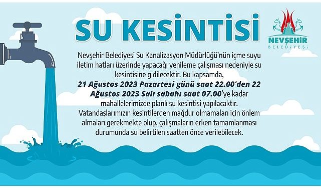 Nevşehir Belediyesi’nden Su Kesintisi Duyurusu