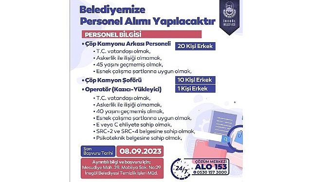 İnegöl Belediyesi 31 İşçi Alacak