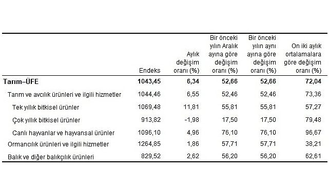 Tarım eserleri üretici fiyat endeksi (Tarım-ÜFE) yıllık yüzde 52,66, aylık yüzde 6,34 arttı