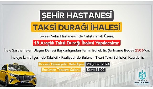 Kocaeli Kent Hastanesi için 18 araçlık taksi ihalesi