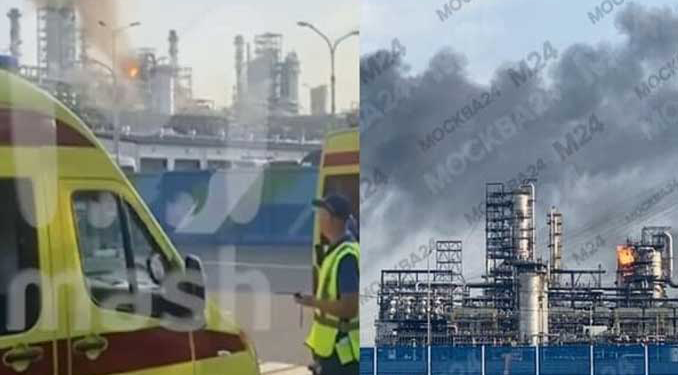 Moskova Petrol Rafinerisi’nde İHA saldırısı sonrası yangın