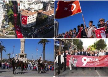 İzmir’de 350 metrelik bayrakla zafer yürüyüşü